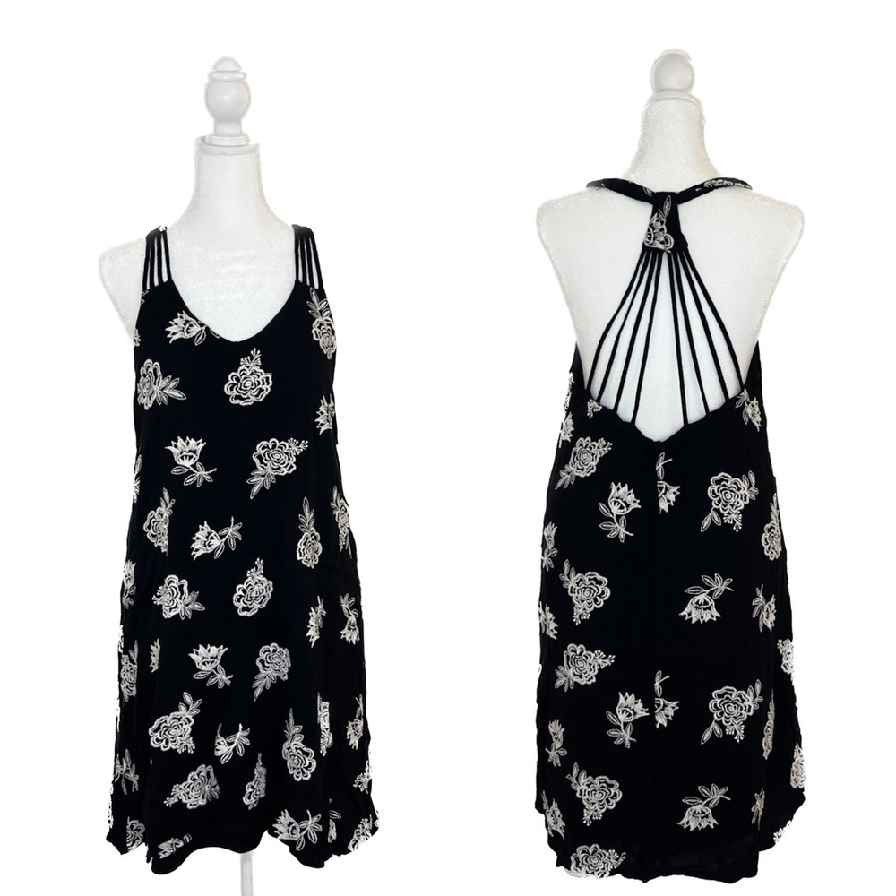 Sequin Hearts Black Mini Dress with White Floral Embroidery